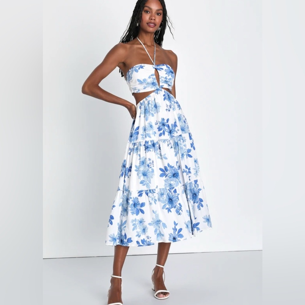Lulus Summery Successes White Floral Halter Tie-Back Midi Dress‎ size XS